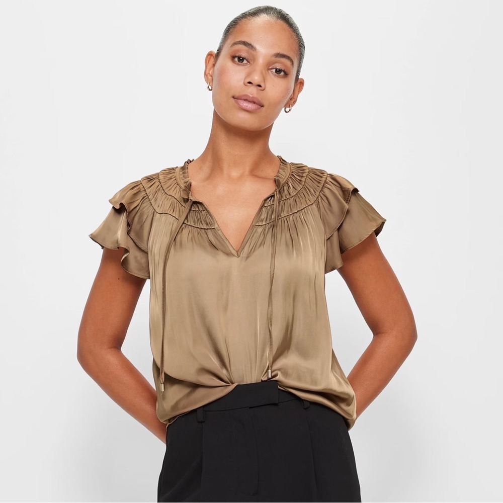 Ann Taylor‎ Womens XXL Tan Ruffle Flutter Sleeve Tie Neck Mixed Media Blouse Top